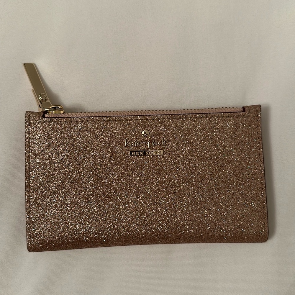 Kate spade tan sparkly 6-slot card holder with zippered coin compartment!